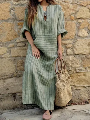 Yarn-Dyed Striped Maxi Dress with Keyhole Neckline and Pocket
