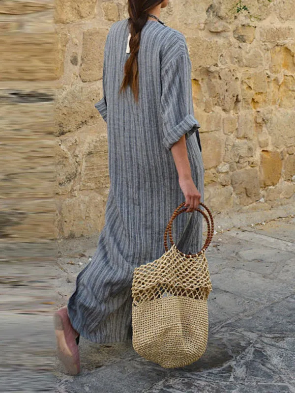 Yarn-Dyed Striped Maxi Dress with Keyhole Neckline and Pocket