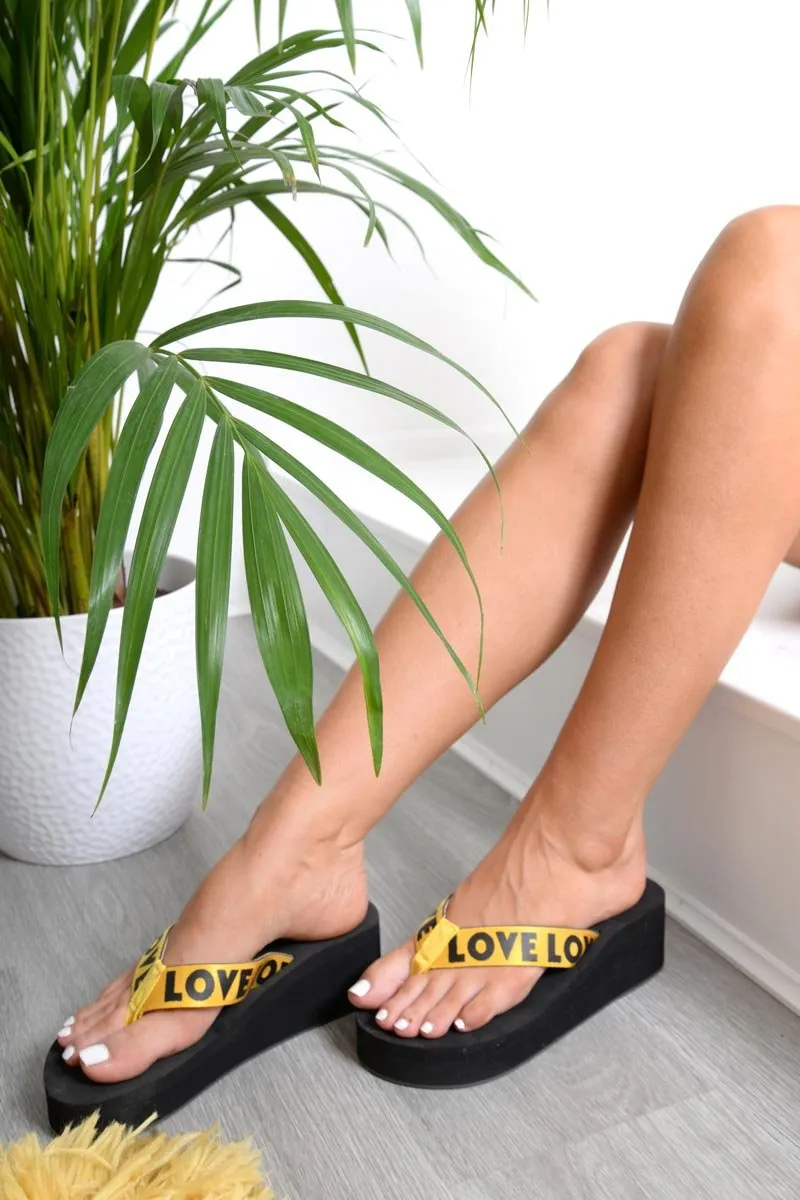 Yellow Slogan tape Platform Flip Flops - Zyriana