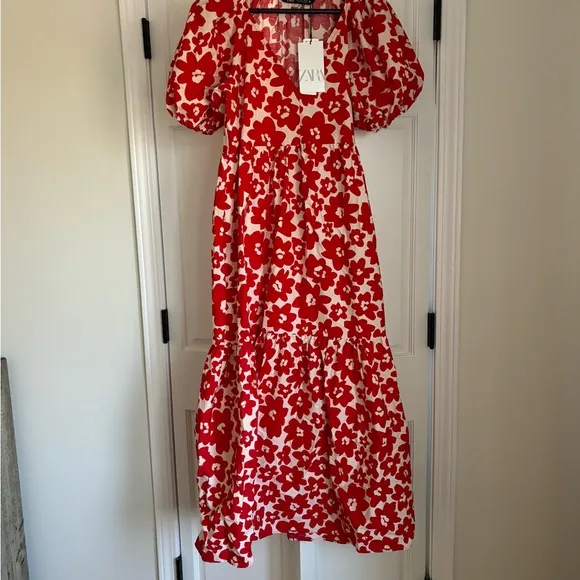 ZARA boho Floral Red Maxi Dress