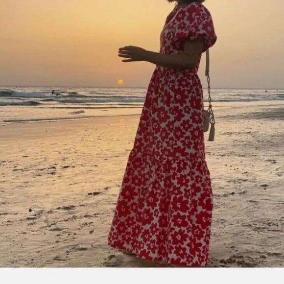 ZARA boho Floral Red Maxi Dress