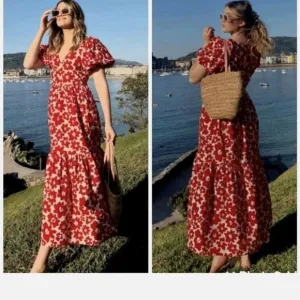 ZARA boho Floral Red Maxi Dress